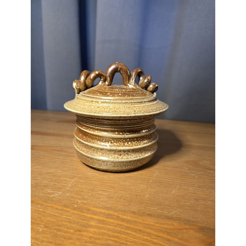 Art Pottery Dish Jar W/Lid Brown Tones Handmade, Marked By Artist